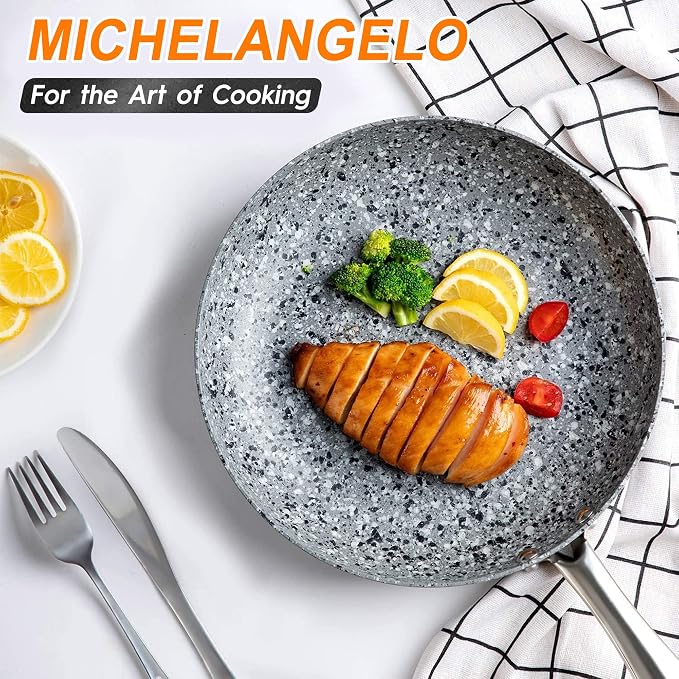MICHELANGELO 10 Inch Frying Pan with Lid, Nonstick Frying Pan with Non Toxic Granite Coating, 10 Inch Stone Skillet, Non Stick Frying Pans for Cooking, Induction Compatible