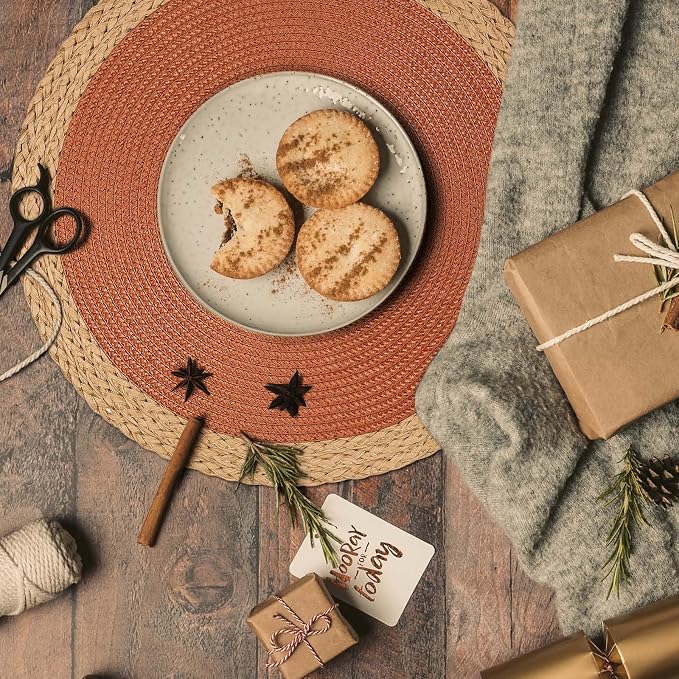 Noctiflorous Braided Round Placemats Set of 8, 15 Inch Woven Table Mats, Non-Slip Washable Wide Edge Place Mats for Kitchen Dining Table Decor (Dark Orange, 8)