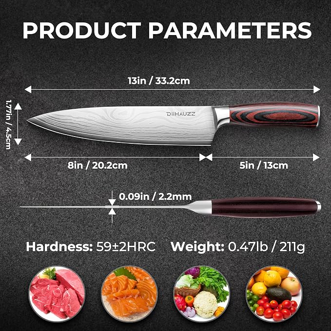 DiiHAUZZ 8 Inch Chef Knife, High Carbon Stainless Steel Kitchen Knife | Ultra Sharp 12-15° Edge, Ergonomic Handle, No Crack No Shrink Pakkawood, Great Edge Retention, 59HRC, Sheath & Gift Box