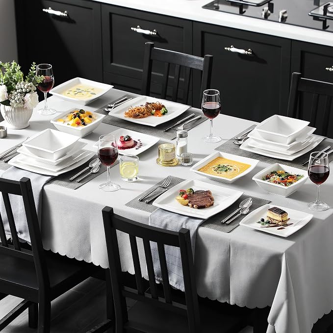 MALACASA 30 Piece Porcelain Dinnerware Set, Square Plates and Bowls for 6 | Complete with Plates, Bowls, Cups, Saucers, Microwave Oven and Dishwasher Safe Porcelain, Modern Square Design, Service for 6