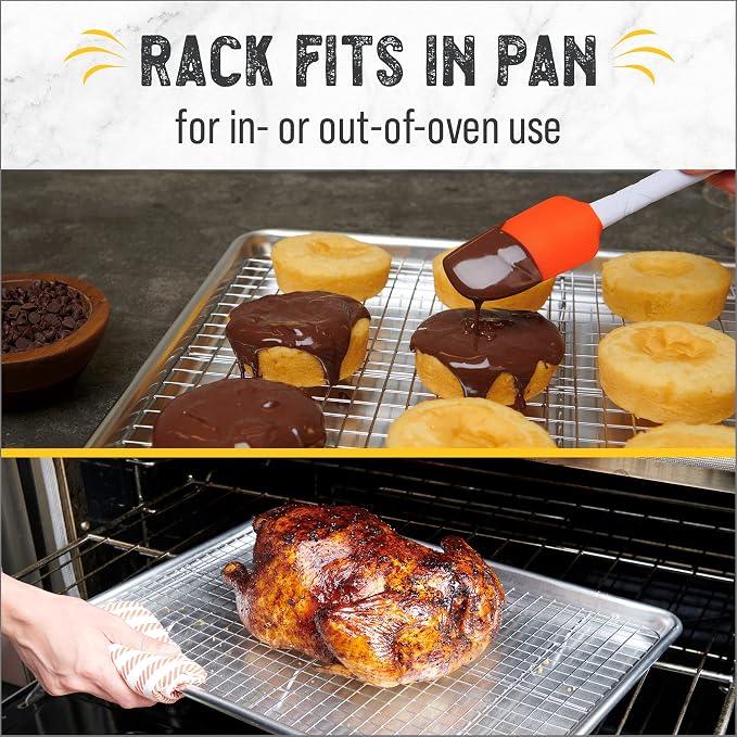 Baking Sheet, 2 Pack Half Sheet Pan with Stainless Steel Wire Rack Set - Easy Clean Cookie Sheets for Baking