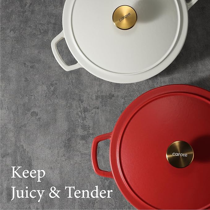 CAROTE 5QT Enameled Cast Iron Dutch Oven Pot with Lid | Sourdough Bread Baking, Braising, Stews, Roasting, Dual Handles, Oven Safe up to 500° F, Red