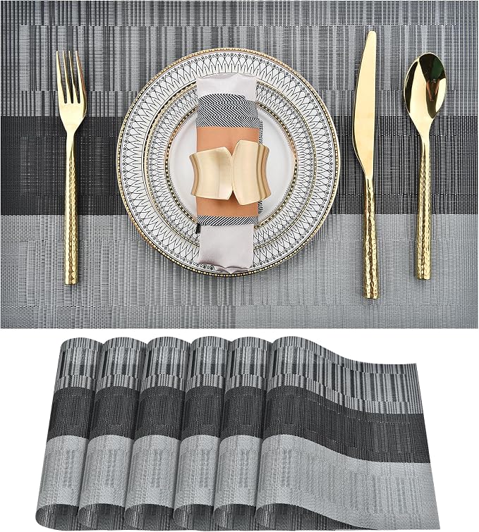 SLKQG Placemats Set of 6 - Easy Clean Washable Vinyl Placemats - Heat Resistant PVC Place Mats for Dining Table (Black and Gray, 6)