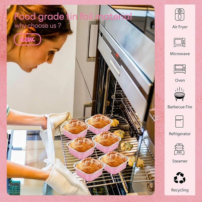 NPLUX Square Cake Pans with Lids, 50 Pack Pink 10oz for Birthday Treats | Works for crumble cups, panna cotta, custard and snack servings; label area supports flavor organization.