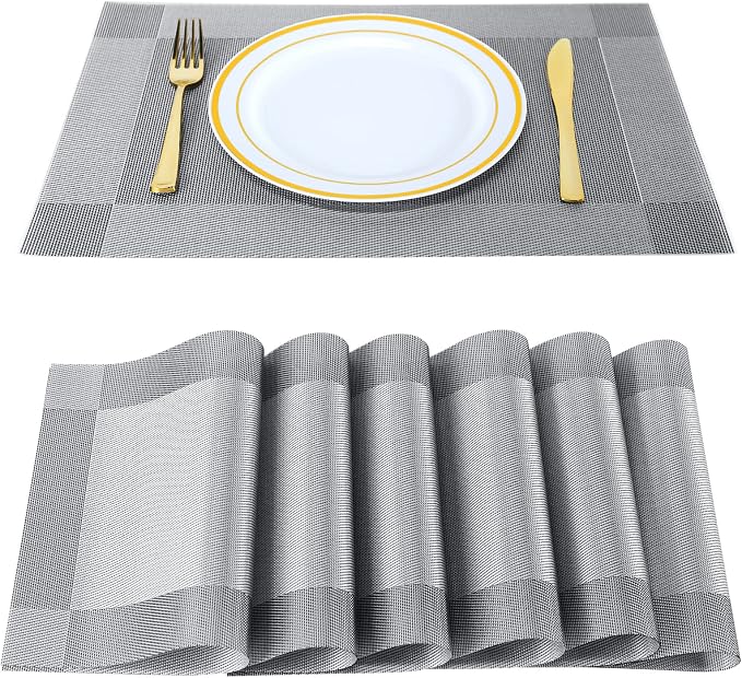 Placemats,Table Place Mats for Kitchen Dining, Heat-Resistant Anti-Skid Stain Washable PVC Table Mats, Easy to Cleaning Woven Vinyl Dinner Mats (Dark Silver, 6 Pack)