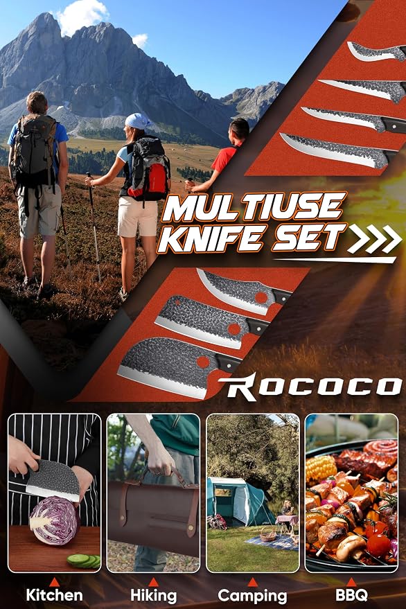 ROCOCO Butcher Cleaver Knife Set - 13PCS Serbian Chef Viking Boning Knife | Meat Cutting Knives with Roll Bag for Kitchen Outdoor BBQ Camping Birthday Christmas Father Mother Gift Idea Men