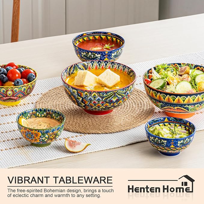 Henten Home Ceramic 5 oz Dipping Bowls, Boho Sauce Bowl Set of 6, Colorful Small Snack Bowls for Salsa, Appetizer, Decorative, Microwave & Dishwasher Safe