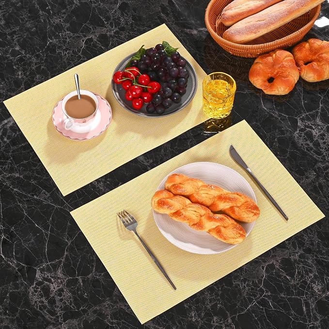Zupro Light Yellow Placemats Set of 4 Woven 18"x12" for Indoor/Outdoor Use | Washable Heat-Resistant Non Slip Table Mats PVC Vinyl Kitchen Dining Patio Table Place Mats for Holidays Dinner Parties BBQs