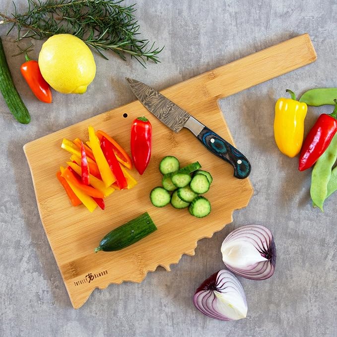 Totally Bamboo Oklahoma State Shaped Cutting Board, Art by Fish Kiss | State charcuterie board with colorful hand-drawn map artwork. Smooth reverse side for food prep. Hang tie for wall display.