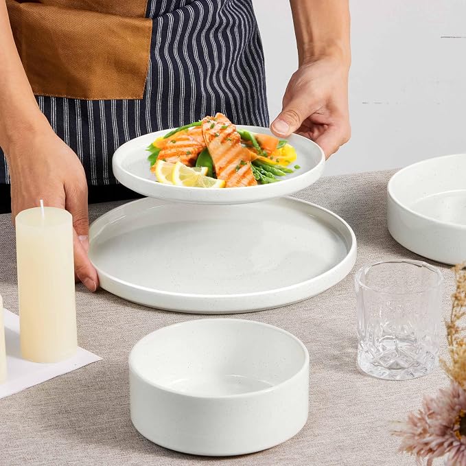 Herogo Dinnerware Sets with Pasta Bowls, 16 Piece Plates and Bowls Set for 4, Stoneware Dinner Dishes for Kitchen Dining, Dishwasher & Microwave Safe, Speckled White