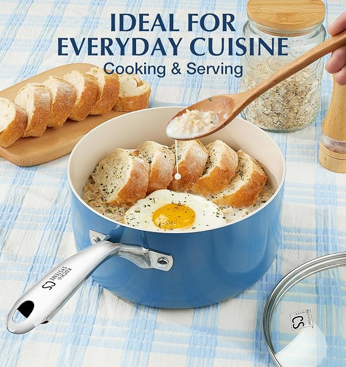 KOCH SYSTEME CS Nonstick Sauce Pan with Lid 1QT, 2QT & 3QT, Non-Toxic Ceramic Saucepan Set, Blue Sauce Pan Set, Multipurpose Cooking Pots Set, Compatible induction