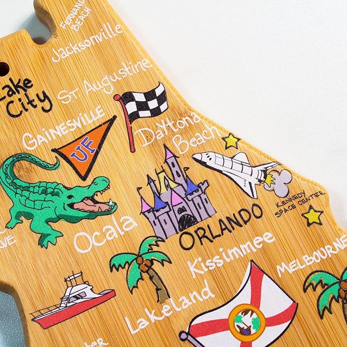 Totally Bamboo Florida State Shaped Cutting Board, Art by Fish Kiss | State charcuterie board with colorful hand-drawn map artwork. Smooth reverse side for food prep. Hang tie for wall display.