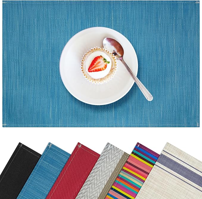 Blue Placemats Set of 4, 12x18 Inch Faux Linen Table Mats | Heat Resistant and Washable Design, Easy to Clean Surface for Dining Rooms, Kitchens, Outdoor Parties and Everyday Home Decor