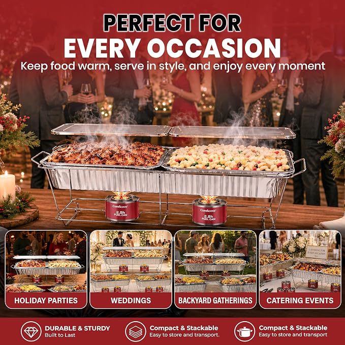 Disposable Chafing Dish Buffet Set, 33 Piece of Chafing Servers with Food Warmers, Covers, Full-Size Food Pans, Water Trays, Serving Utensils, Foil Lids and 2.5Hr Fuel Cans for Parties, Catering