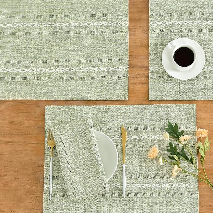 Wracra Cotton Linen Place Mats, Sage Green Embroidered Placemats Set of 4 | Placemats 12 x 18 Inch; Cotton Linen Woven Fabric; Heat Resistant Table Mats; Raised Embroidered Hollow Design