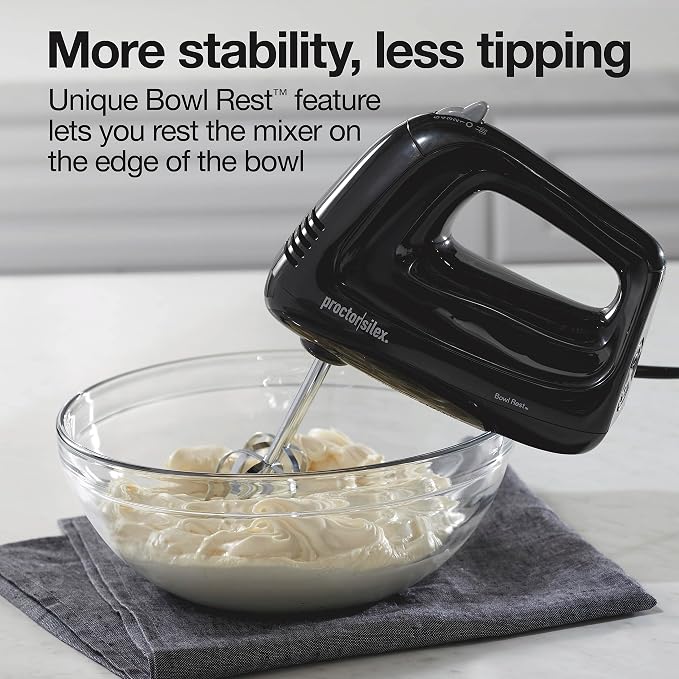 Proctor Silex Easy Mix 5-Speed Electric Hand Mixer with Bowl Rest | Compact and Lightweight | 215 Watts of Peak Power | Black | 62511