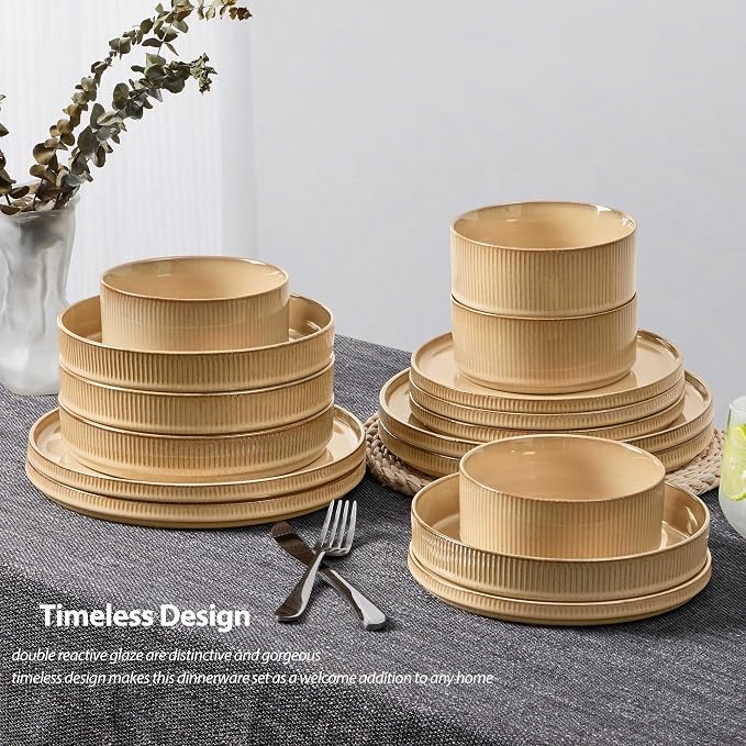 LIANYU 24 Piece Dinnerware Plates and Bowls for 6, Ceramic Elegant Stoneware Dishes Sets with Pasta Bowls, Modern Ribbed Dining Ware Dishware for Restaurant Wedding, Dishwasher Safe, Dune Khaki