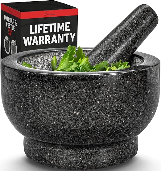 PriorityChef 4 Cup Large Mortar and Pestle Set, 100% Natural Granite, 7 Inch Diameter Bowl with 7.2 Inch Pestle, Make Fresh Guacamole at Home, Solid Stone Grinder Bowl, Herb and Spice Grinder, Black