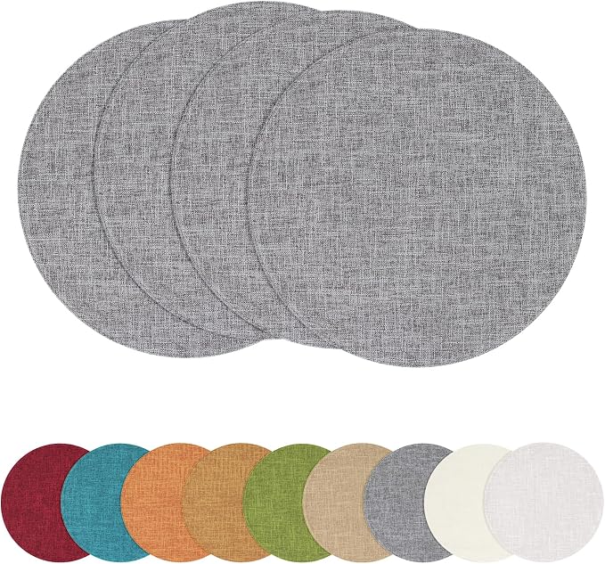 Cotton Linen 15 Inch Round Cloth Place mats, Set of 4, Dark Grey | Washable Table Mats, Heat Resistant, Reversible, Wipeable Place Mats for Indoor Outdoor