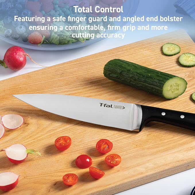 T-Fal Ice Force Kitchen Knife Set, 3-Piece, German Stainless Steel | X50CrMoV15 steel, Ice hardening up to 1800F/-250F, 26-degree cutting edge, Ergonomic finger guard handle, Hand wash only