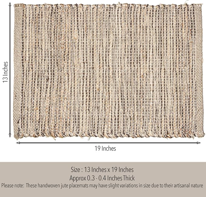 Natural Jute & Brown Placemats, Set of 4 – Rustic Handmade Boho Table Mats, 13x19 Inch Dining Table Placemats for Kitchen, Everyday Meals, Holidays, Farmhouse or Modern Table Décor