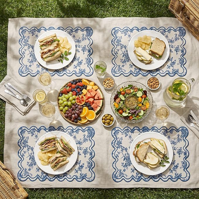 Linen Placemats Set of 12 Scalloped Placemat 13 X19 Wavy Embroidery Double Layered Washable Farmhouse Dinner Fabric Table Mat Napkin for Wedding Party Restaurant(Floral,Blue)