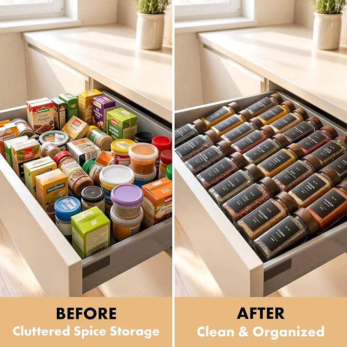 Glass Spice Jars with Label, 24x Acacia Wooden Lids - Black Labels | Airtight Lids keep spices fresh, Kitchen Spice Drawer Organizer, 4oz Seasoning Containers incl. Funnel, Brush & 240 Labels