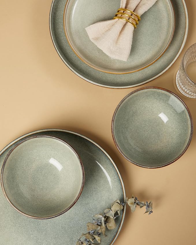 24 Piece Dinnerware Sets for 8, Modern Stoneware Plates and Bowls Setst, Perfect for Family Gatherings & Holiday Celebrations, Easy Cleaning Dishes Set, Stack Compactly Dishware, Green Wheat