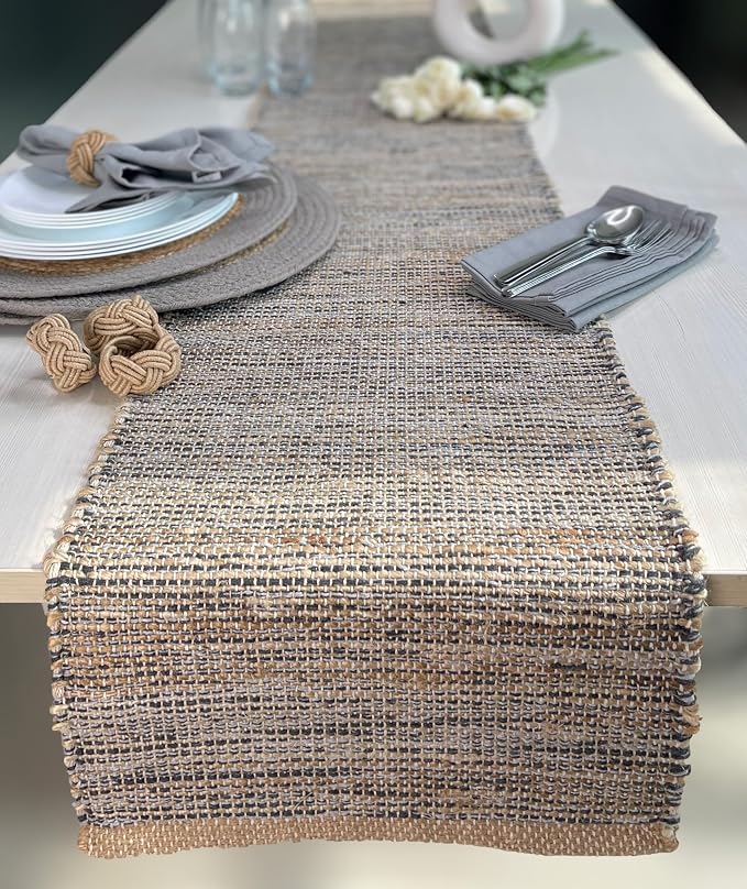 Natural Jute Table Runner 13x90 Inch – Vintage Boho Rustic Table Decor – Handwoven Table Runner in Natural Jute and Grey – Farmhouse Dining or Console Table Accent