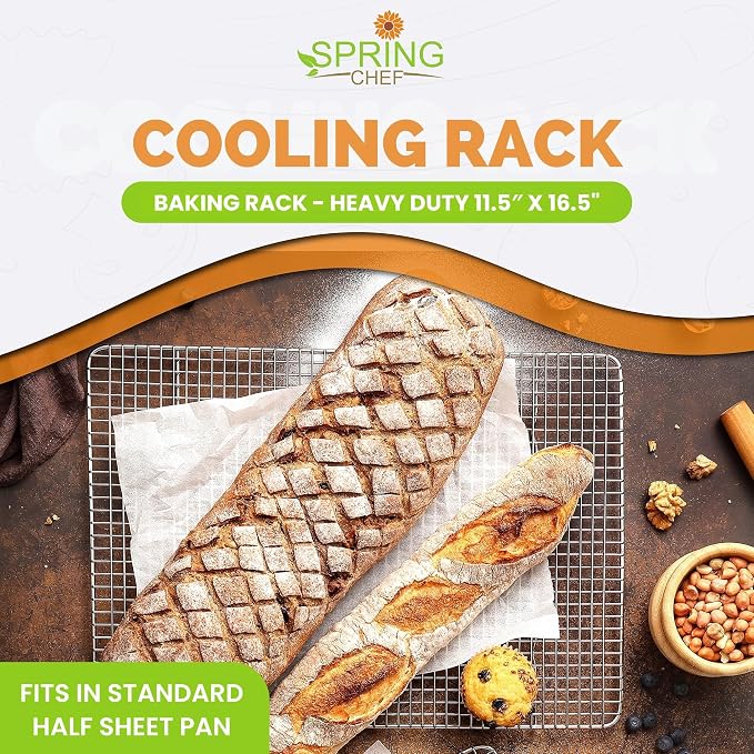 Spring Chef 11.5" x 16.5" Stainless Steel Cooling Rack for Baking, Set of 2 | Heavy Duty Grill Rack for Kitchen, Oven Safe Baking Rack, Fits Half Sheet Roasting Pan, Dishwasher Safe