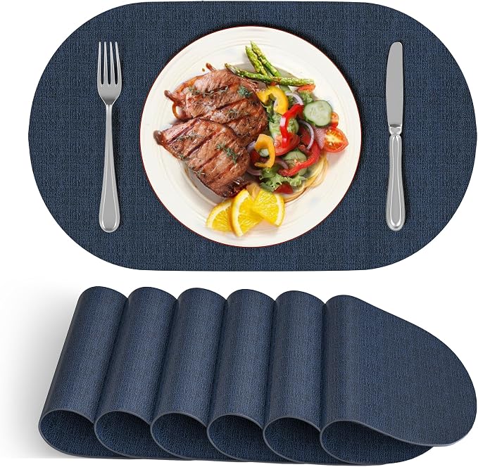 DOLOPL Oval Placemats Set of 6, Navy Blue Faux Leather Table Place Mats | Reversible, Wipeable & Washable, Heat Resistant, Waterproof, 17"x11.8", Modern Neutral Style for Kitchen, Dining Table