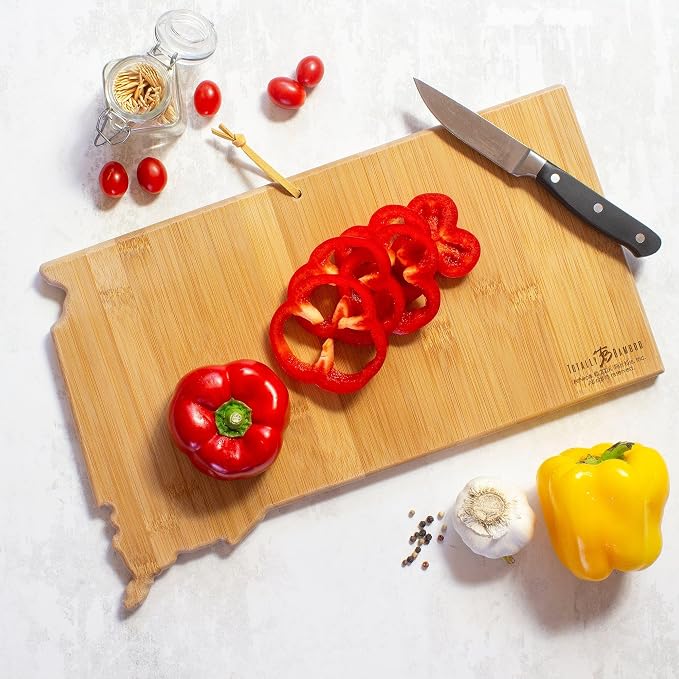 Totally Bamboo South Dakota State Shaped Cutting Board, Art by Fish Kiss | State charcuterie board with colorful hand-drawn map artwork. Smooth reverse side for food prep. Hang tie for wall display.