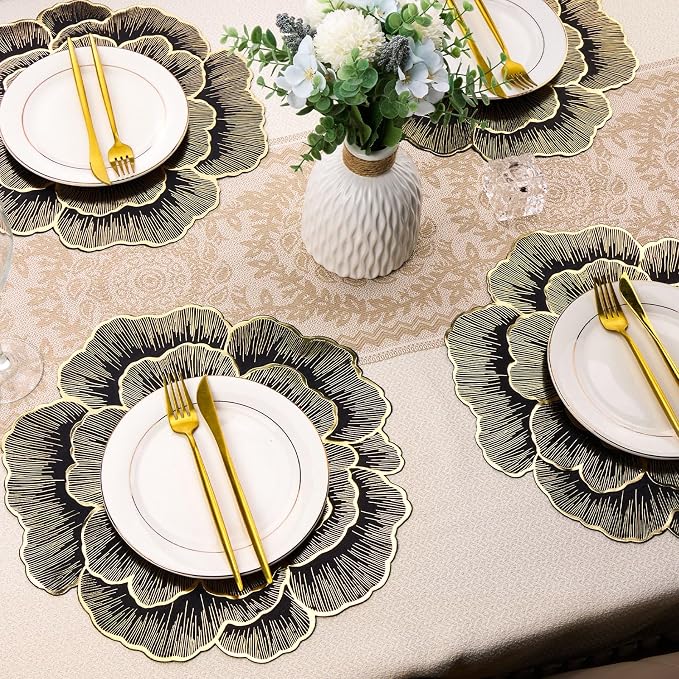 Evevda Placemats Set of 6 Gold Flower Placemats for Dining Table | Round Pressed Vinyl Metallic Table Mats 15 Inch for Home Kitchen Wedding Holiday Party Decoration