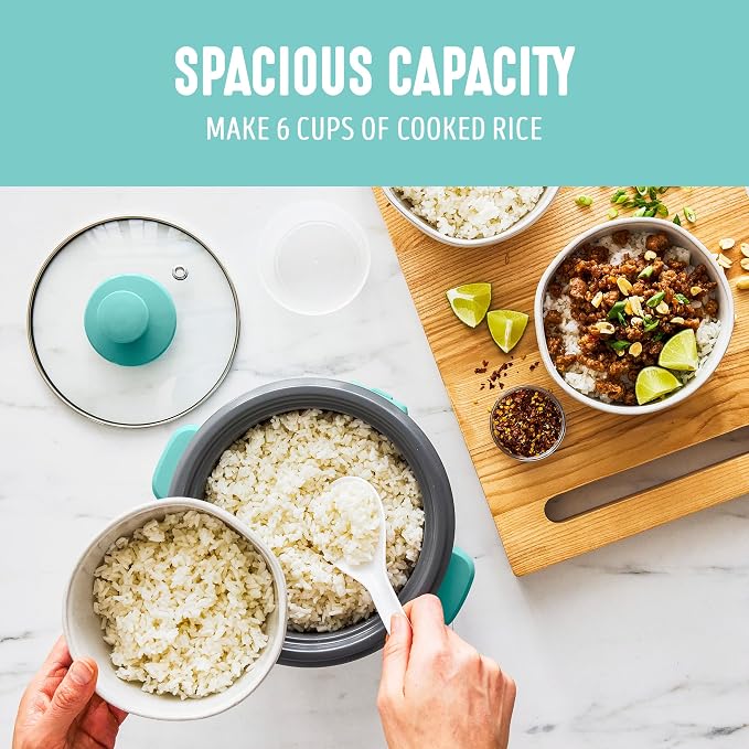 GreenLife Rice Cooker, 3-Cups Uncooked/6-Cups Cooked, Turquoise | PFAS-Free Ceramic Nonstick Removable Pot, One-Switch Design, Grains Multicooker, Keep Warm, Dishwasher Safe Parts, Easy Clean