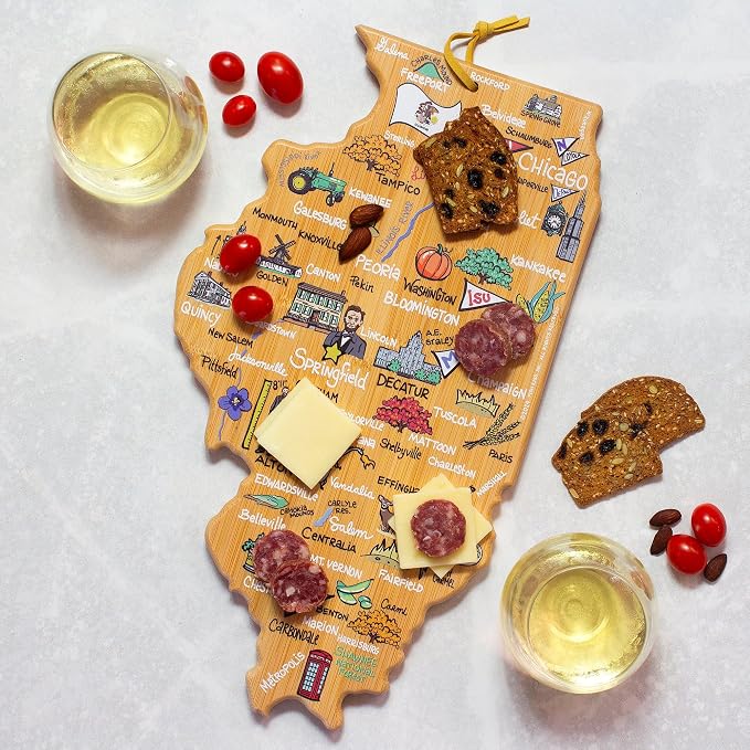 Totally Bamboo Illinois State Shaped Cutting Board, Art by Fish Kiss | State charcuterie board with colorful hand-drawn map artwork. Smooth reverse side for food prep. Hang tie for wall display.