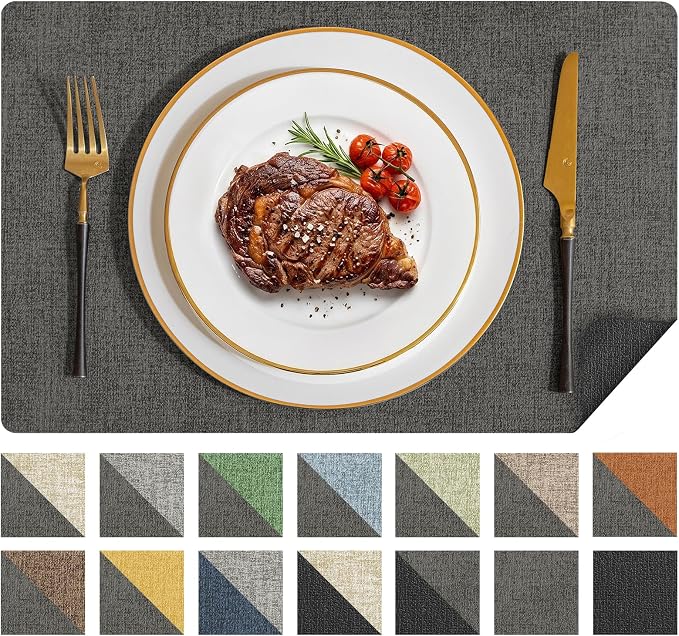 Romanstile Vinyl Placemats Set of 8, Reversible Faux Leather Heat Resistant Wipeable Table Mats, Waterproof Washable Non-Slip Table Placemats for Dining/Kitchen/Party/Outdoor (Grey Black, 12" x 17")