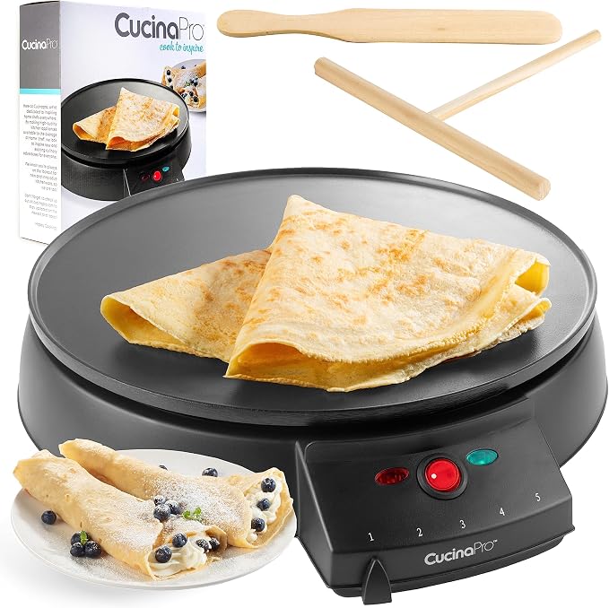 CucinaPro 12" Crepe Maker, Non-Stick Electric Griddle Pan w Batter Spreader | Dual Use Hot Plate for Breakfast Brunch, Blintzes, Eggs, Pancakes- Portable, Adjustable Temp Settings, Includes Recipe Guide