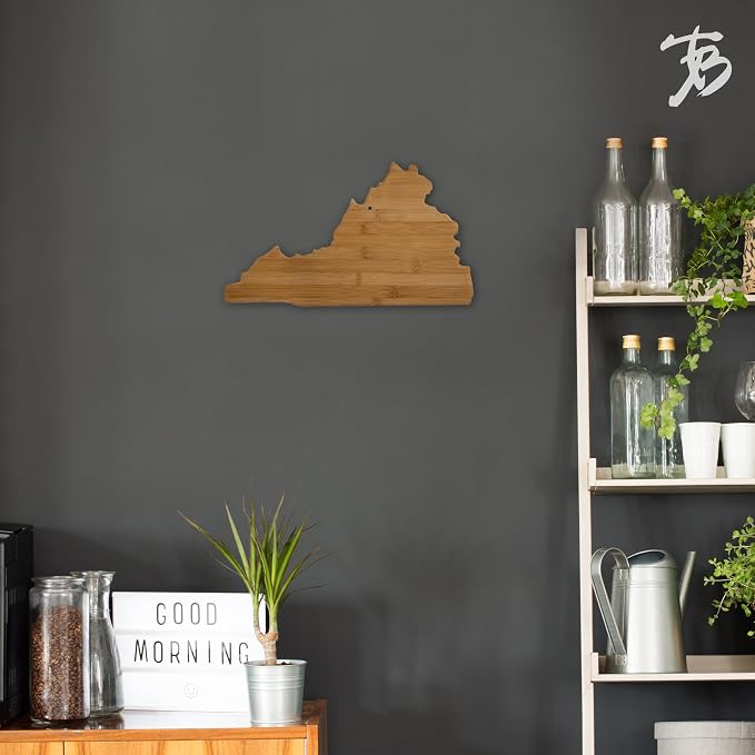 Totally Bamboo Virginia State Shaped Bamboo Serving And Cutting Board, Brown | State charcuterie board with natural bamboo grain. Knife-friendly surface for food prep. Hang tie for wall display.