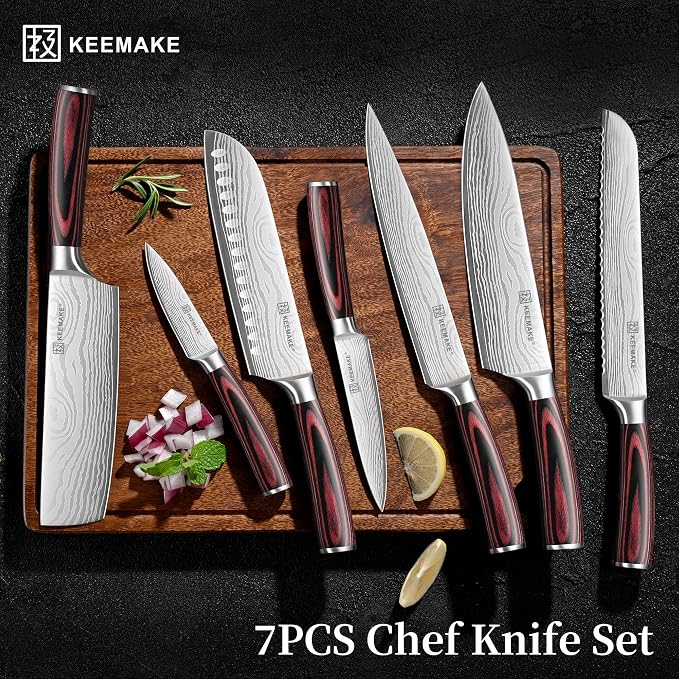 7 Pieces Kitchen Knife Set, Professional Ultra Sharp Chef Knife Set | Japanese High Carbon Stainless Steel with Pakkawood Handle, Kitchen Gadgets, Unique Gifts for Women Men