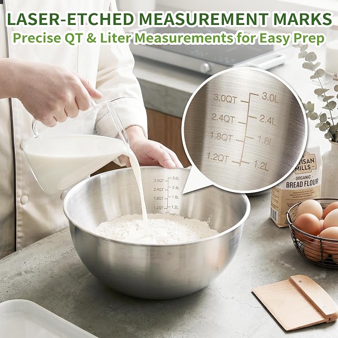 304 Stainless Steel Mixing Bowls Set of 5, 1.1/1.6/1.9/2.5/3.5 QT Food Grade Metal Bowls with Measurement Marks, Dishwasher Safe & Stackable Nesting for Baking, Salads, Meal Prep, RV & Camping