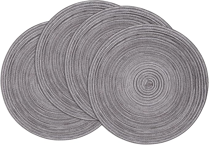 SHACOS Round Placemats Set of 4 Round Braided Placemats 15 inch Cotton Polyester Woven Table Placemats for Dining Table Holiday Party (Black Grey, 4)