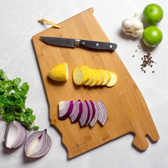Totally Bamboo Alabama State Shaped Cutting Board, Summer Stokes Art | State charcuterie board with colorful hand-drawn landscape art. Smooth reverse side for food prep. Hang tie for wall display.
