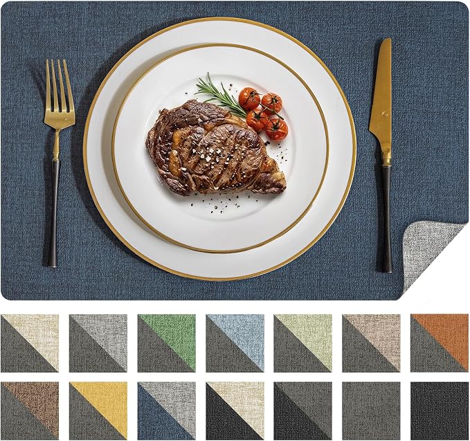 Romanstile Vinyl Placemats Set of 4, Reversible Faux Leather Heat Resistant Wipeable Table Mats, Waterproof Washable Non-Slip Table Placemats for Dining/Kitchen/Outdoor (Grey Nave Blue, 12" x 17")