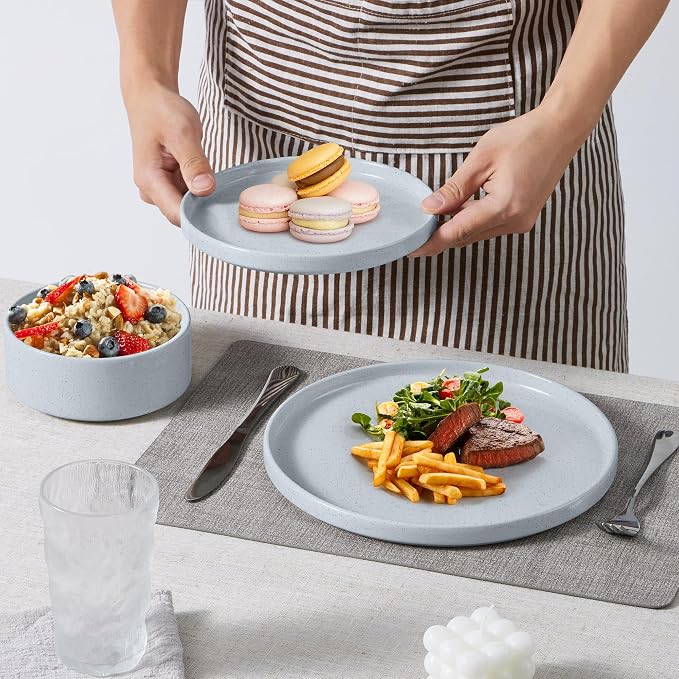 E-far Stoneware Dinnerware Sets, 12-Piece Plates and Bowls Set for 4, Gray | Kitchen Modern Dishes Dining Ware, Chip and Scratch Resistant, Microwave & Dishwasher Safe, Speckled Gray