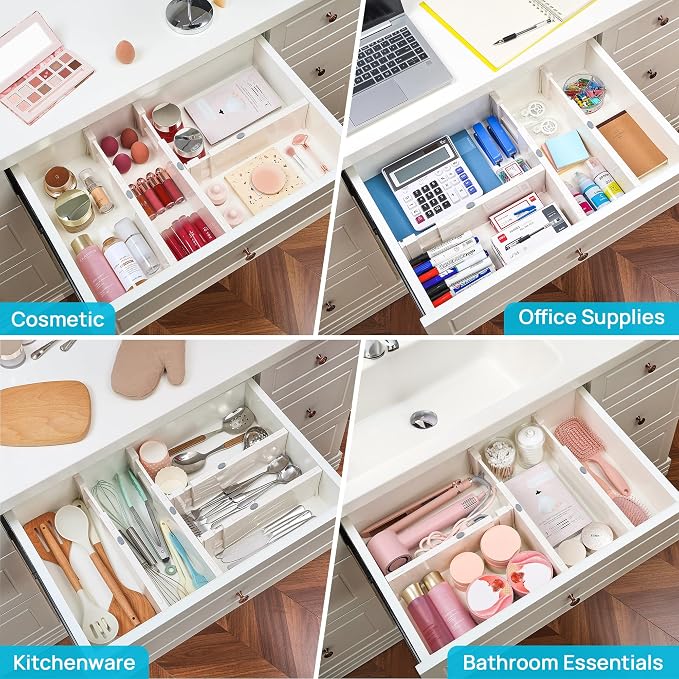 Vtopmart Drawer Dividers for Clothes 8 Pack, Adjustable 4" High Expandable from 11.3"-17" Dresser Drawer Organizer, Plastic Drawers Separators for Dresser, Baby Clothes, Kitchen and Office Storage | Adjustable Drawer Organizer, Dresser Clothes Separato...