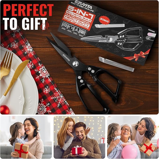 5-in-1 Kitchen Scissors with Tweezers, Black | Titanium Coated Blades, Aluminum Alloy Handle, Fish Scaling Edge, Bottle Opener, Nutcracker, Poultry Tweezers,Dishwasher Safe