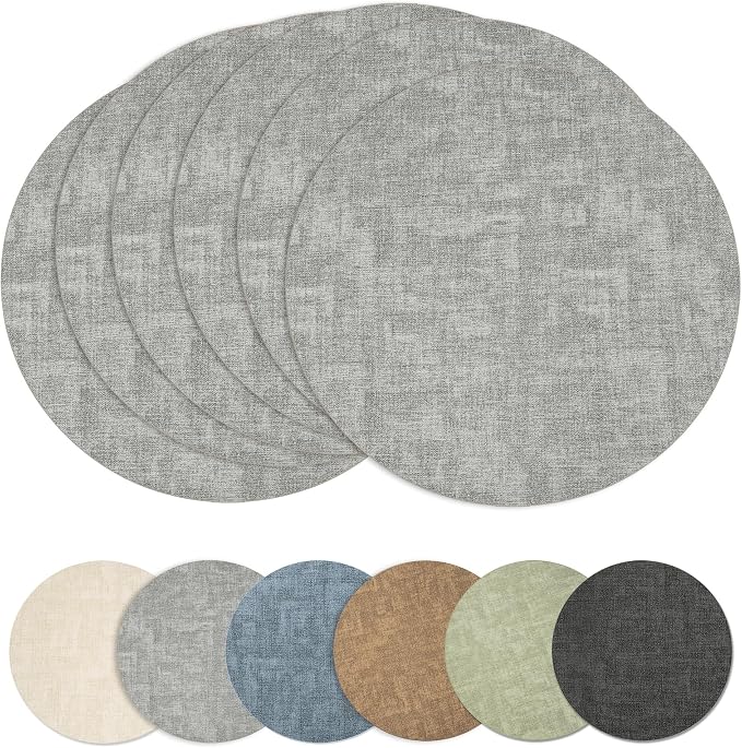 Maxpearl Faux Leather Round Placemats Set of 6, 13.8 inch, Grey | Waterproof, Heat Resistant, Non Slip, Wipe Clean Dining Table Place Mats, Suitable for Indoor & Outdoor Use, Table Settings