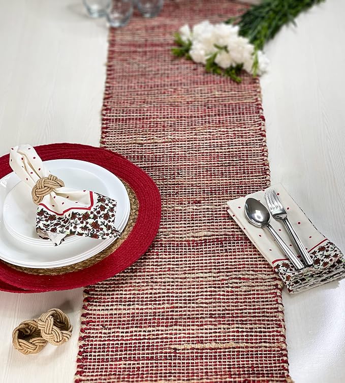 Natural Jute Table Runner 13x72 Inch – Vintage Boho Rustic Table Decor – Handwoven Table Runner in Natural Jute and Red – Farmhouse Dining or Console Table Accent
