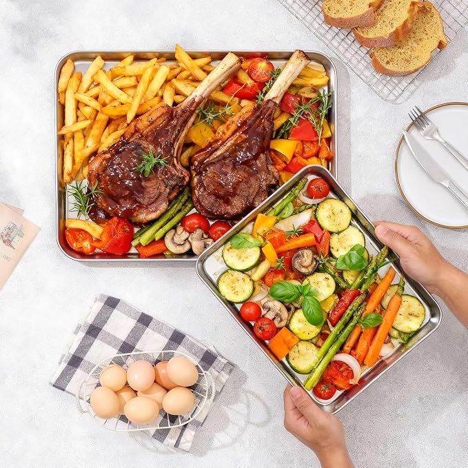 Onader 4 Pack Baking Sheet Pan, 20 x 14 Inch Stainless Steel Cookie Tray | Baking Trays for Oven, Large Roasting Pan Set, Food-Grade Half Sheet Cake Pans, Heat-Resistant Dishwasher Safe