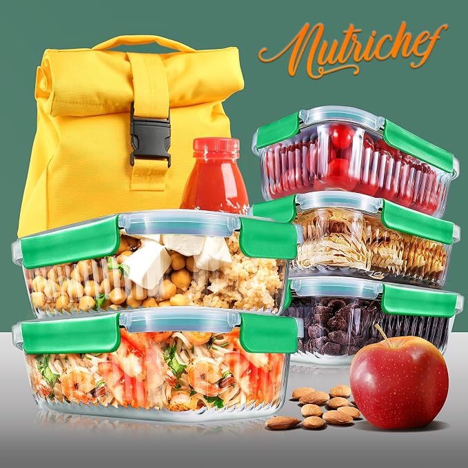 NutriChef 10-Piece Glass Food Storage Containers Set – (5 BPA-Free Airtight Meal Prep Containers with 5 Vented Locking Lids), Stackable & Oven Safe, Leakproof, Reusable, Freezer & Microwave Friendly